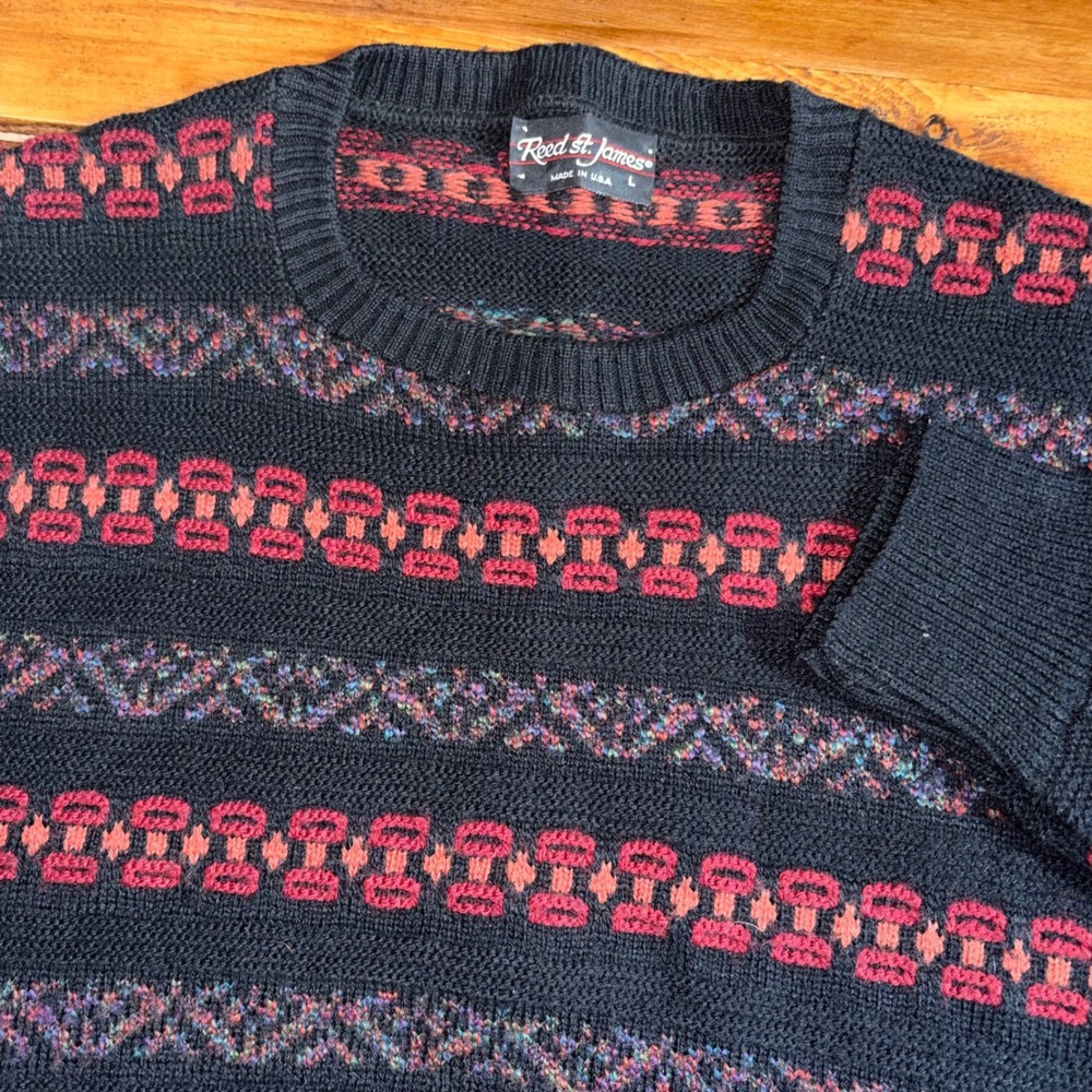 Vintage Reed St‎ James Sweater Mens Large Black Red Geometric Textured Knit USA